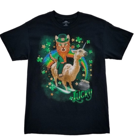 Way To Celebrate Other - St. Patrick’s Day Black T-Shirt with Cat and Llama Design